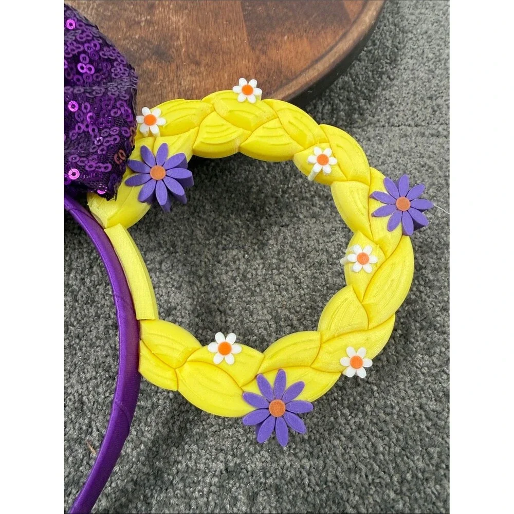 Tangled Rapunzel Purple Sequin Bow Headband Yellow Braided Floral Mouse Ears
